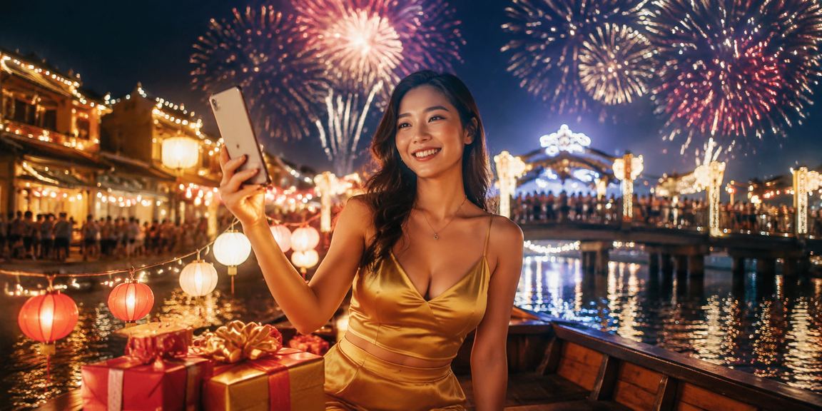 Du khách và người địa phương tại chợ đêm Hội An trải nghiệm cá cược thể thao trên thiết bị di động
